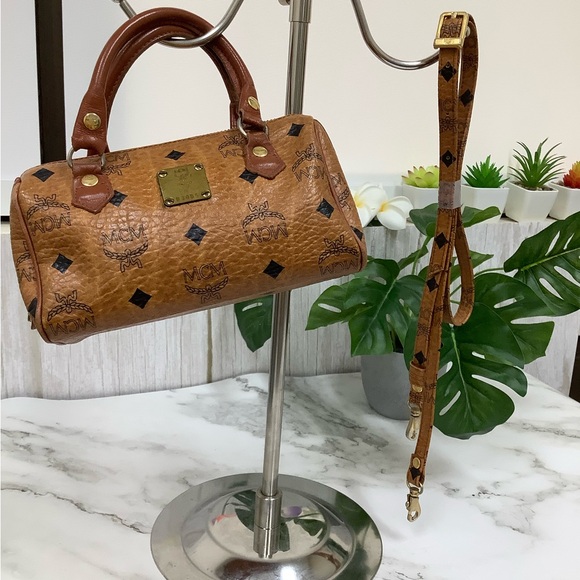 GUC MCM Mini Boston Bag in Nano Cognac Visetos with Gold Hardware